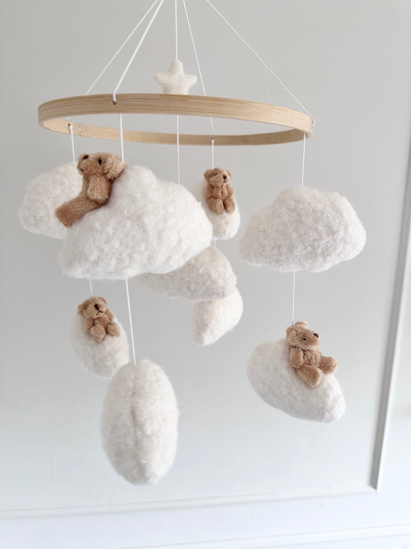 BABY BEARS cot mobile. Handcrafted with soft boucle fabric.