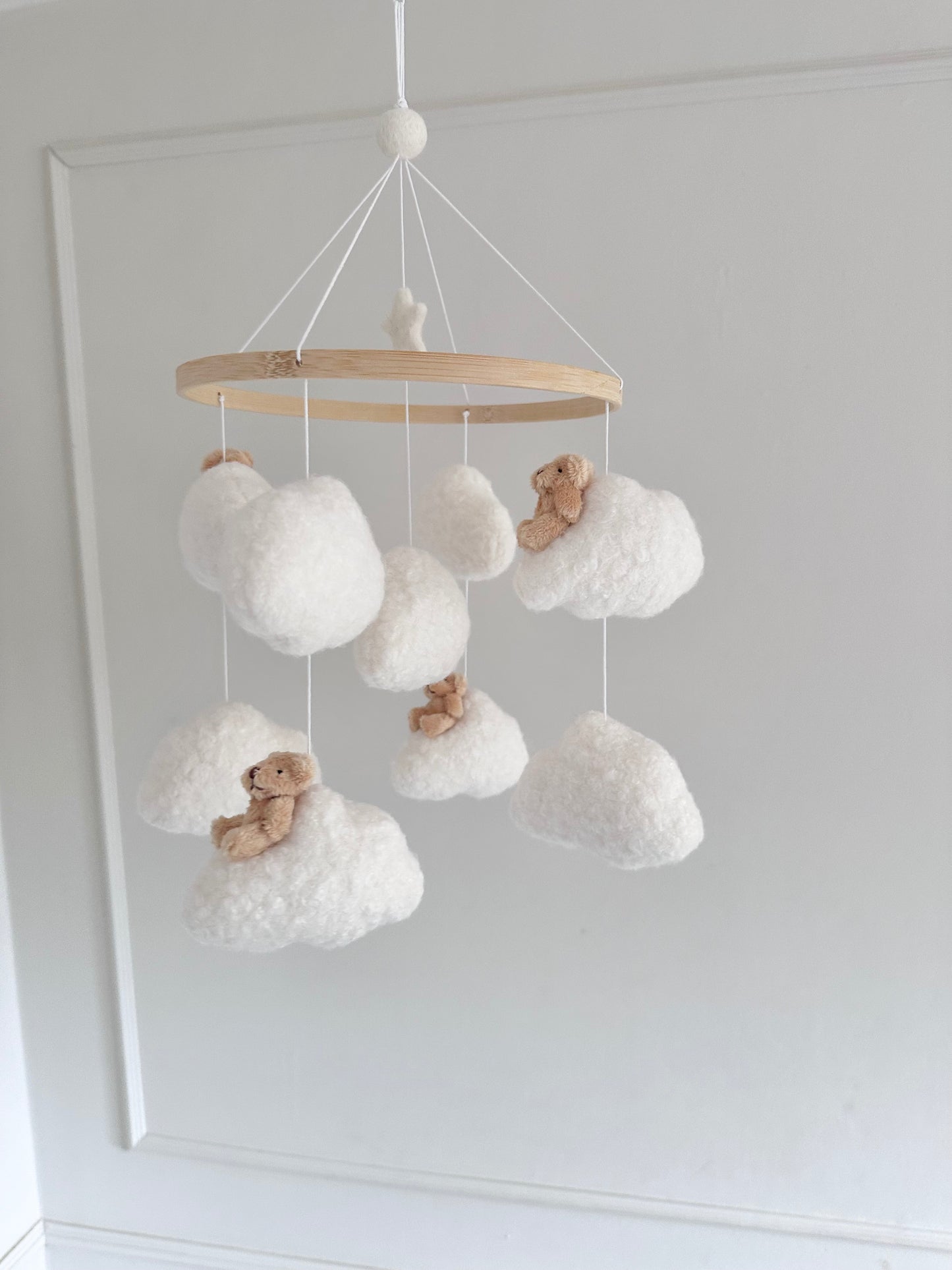 BABY BEARS cot mobile. Handcrafted with soft boucle fabric.