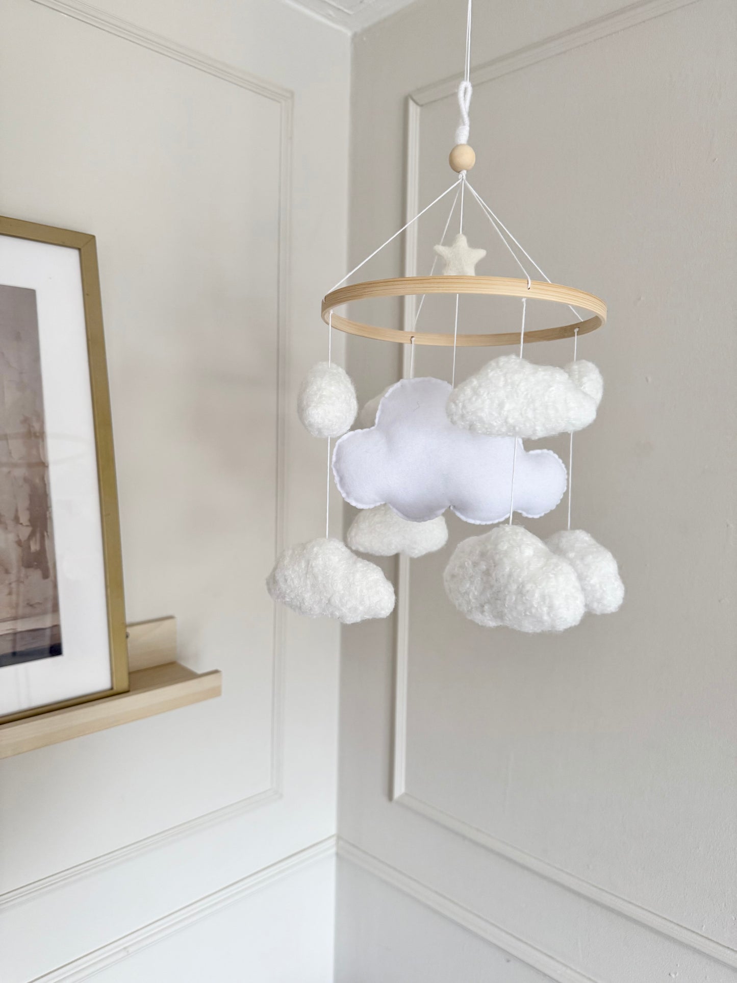 CLOUD NINE cot mobile for a neutral nursery. Handcrafted with 8 boucle clouds and 1 felt large cloud.