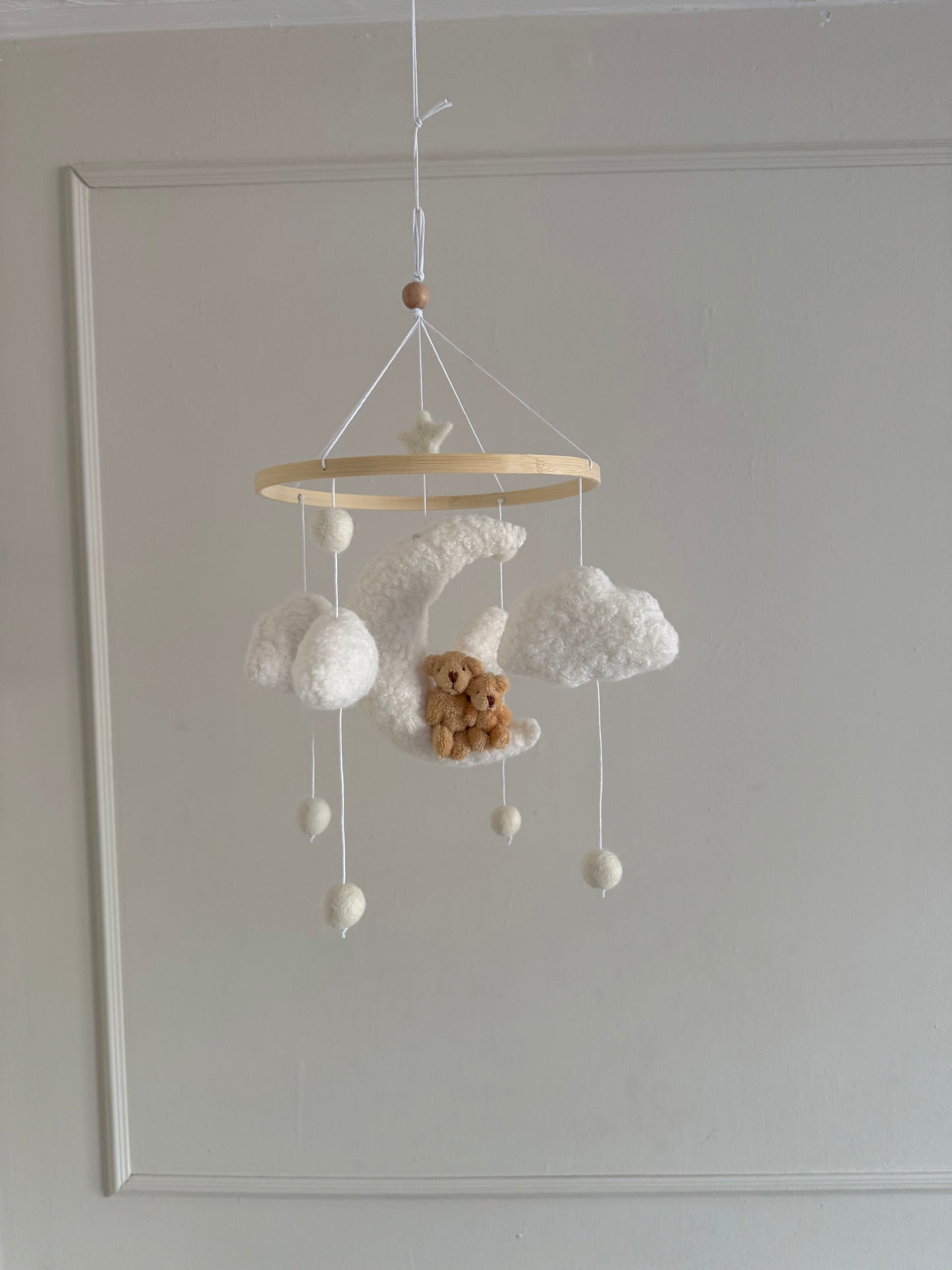 TEDDY LOVE cot mobile. Boucle fabric cloud and moon with a muma and baby teddy.