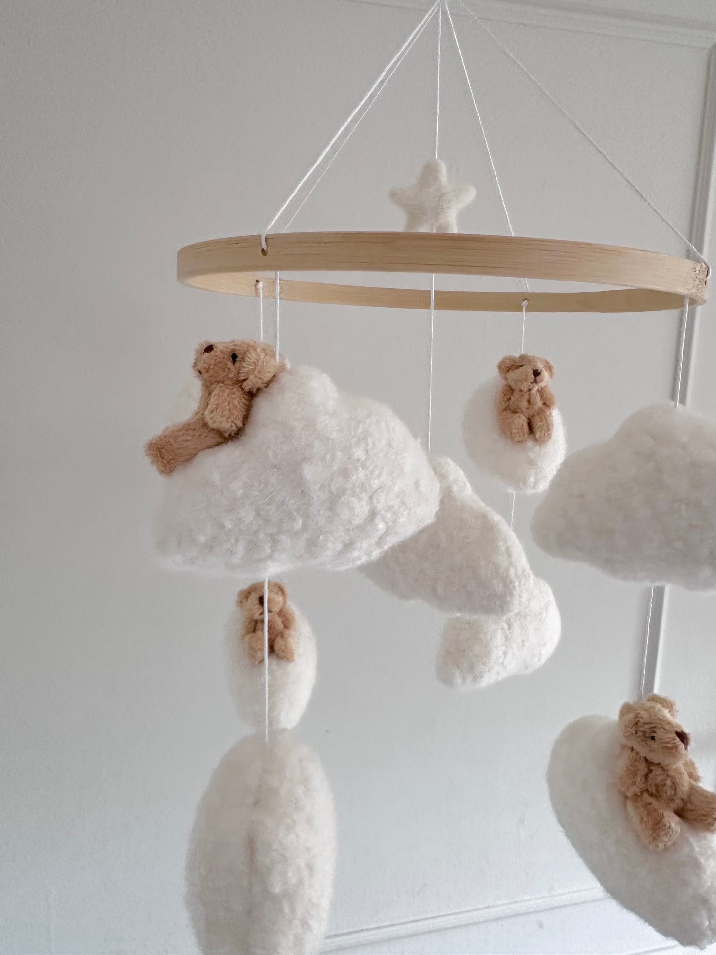 BABY BEARS cot mobile. Handcrafted with soft boucle fabric.