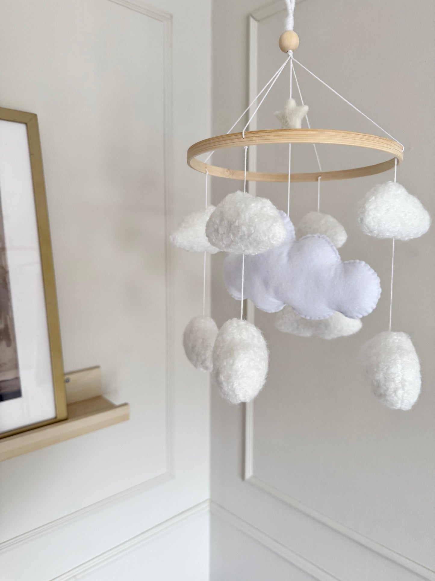 CLOUD NINE cot mobile for a neutral nursery. Handcrafted with 8 boucle clouds and 1 felt large cloud.