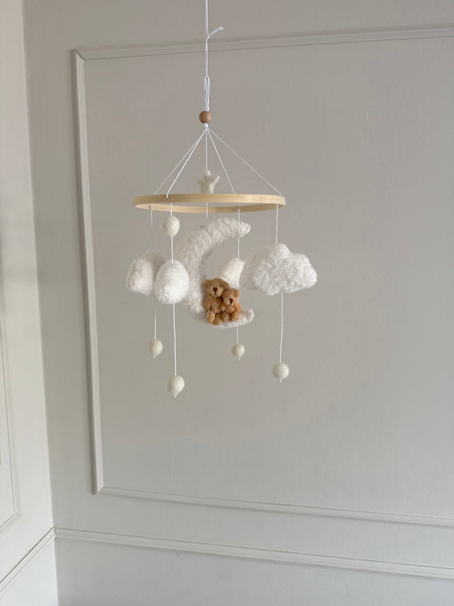 TEDDY LOVE cot mobile. Boucle fabric cloud and moon with a muma and baby teddy.