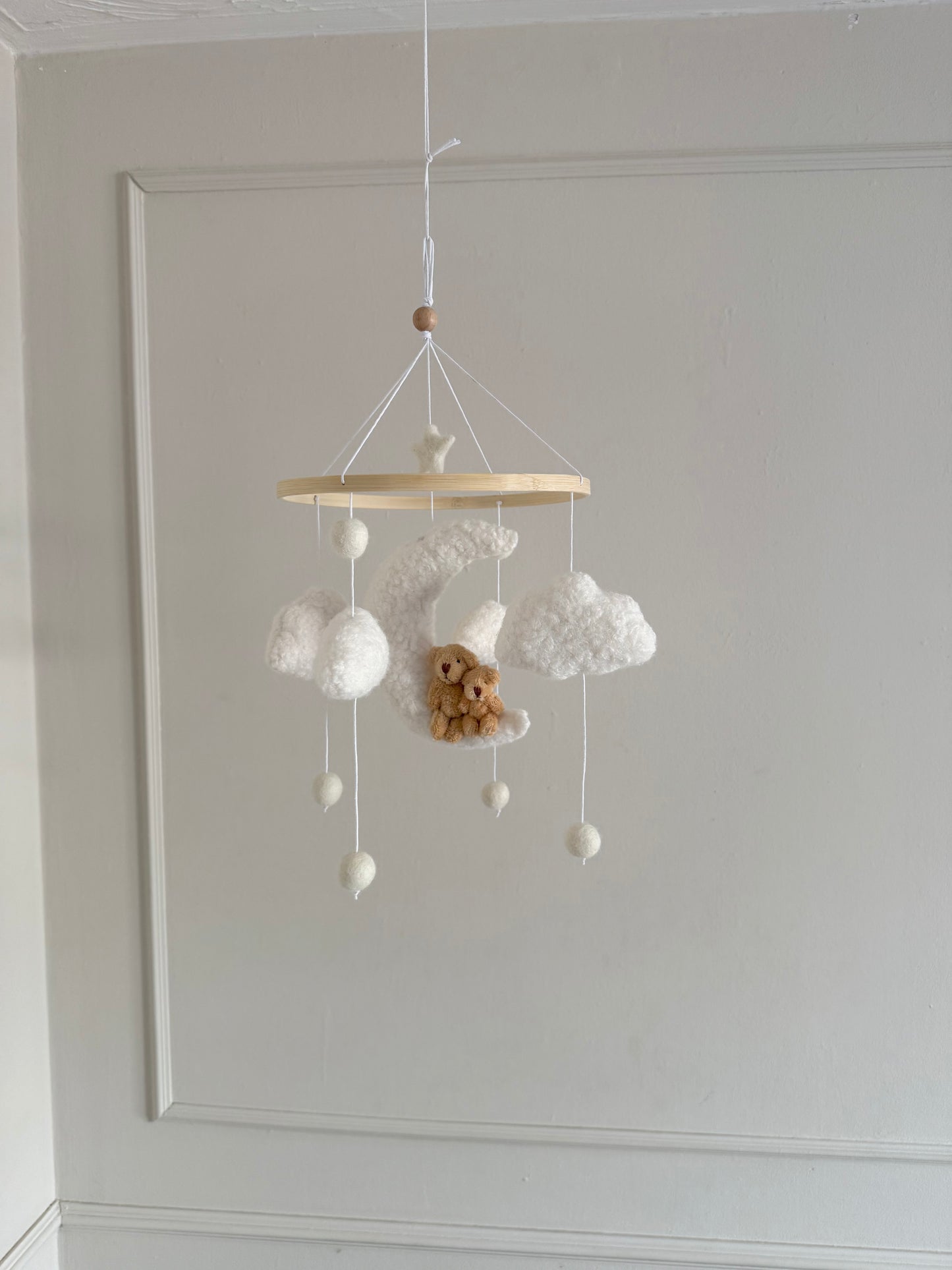 TEDDY LOVE cot mobile. Boucle fabric cloud and moon with a muma and baby teddy.