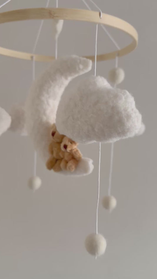 TEDDY LOVE cot mobile. Boucle fabric cloud and moon with a muma and baby teddy.
