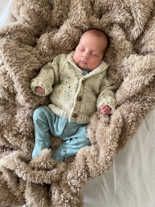 HAND KNITTED CARDIGAN- speckled baby knitwear