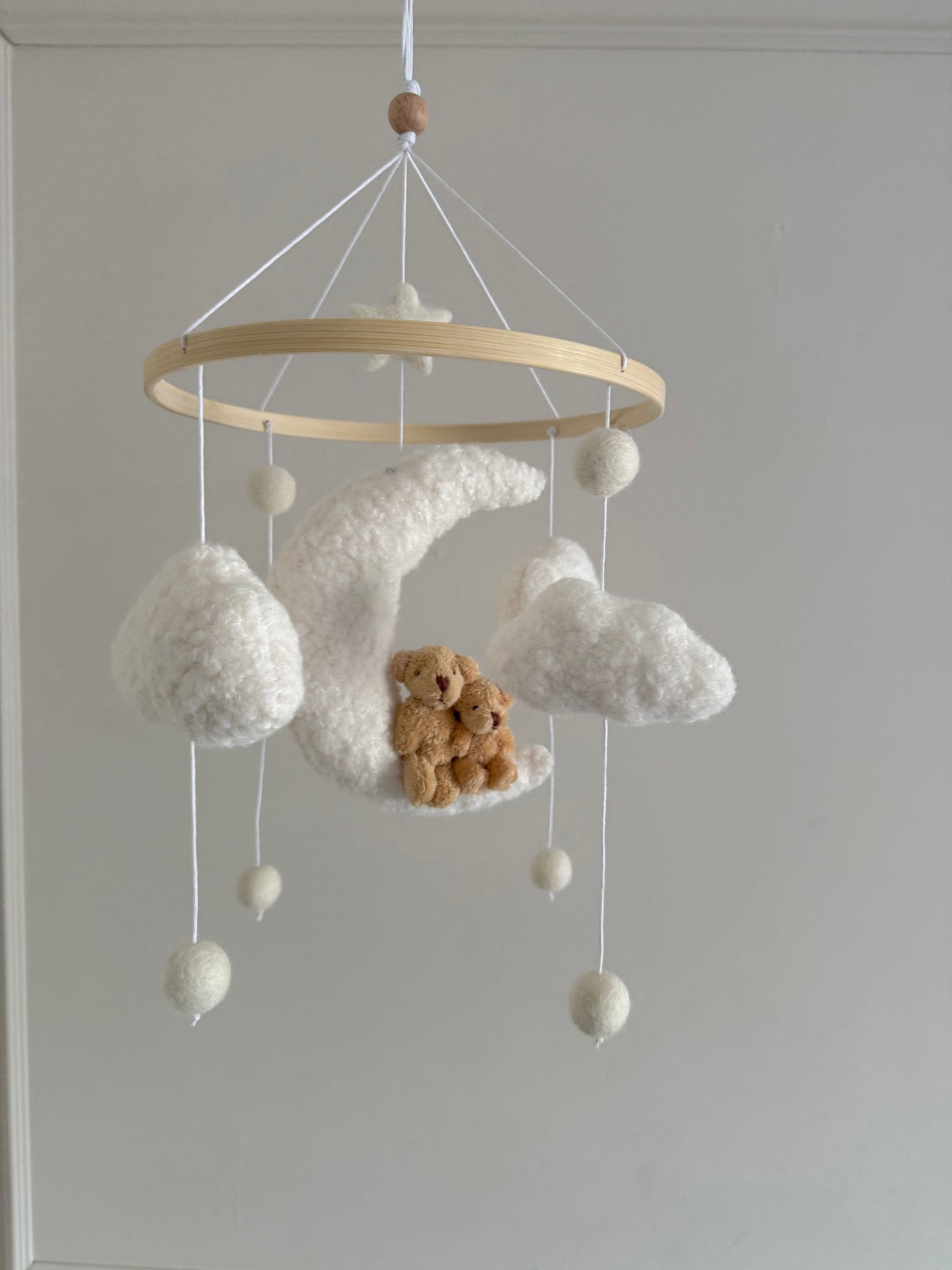TEDDY LOVE cot mobile. Boucle fabric cloud and moon with a muma and baby teddy.