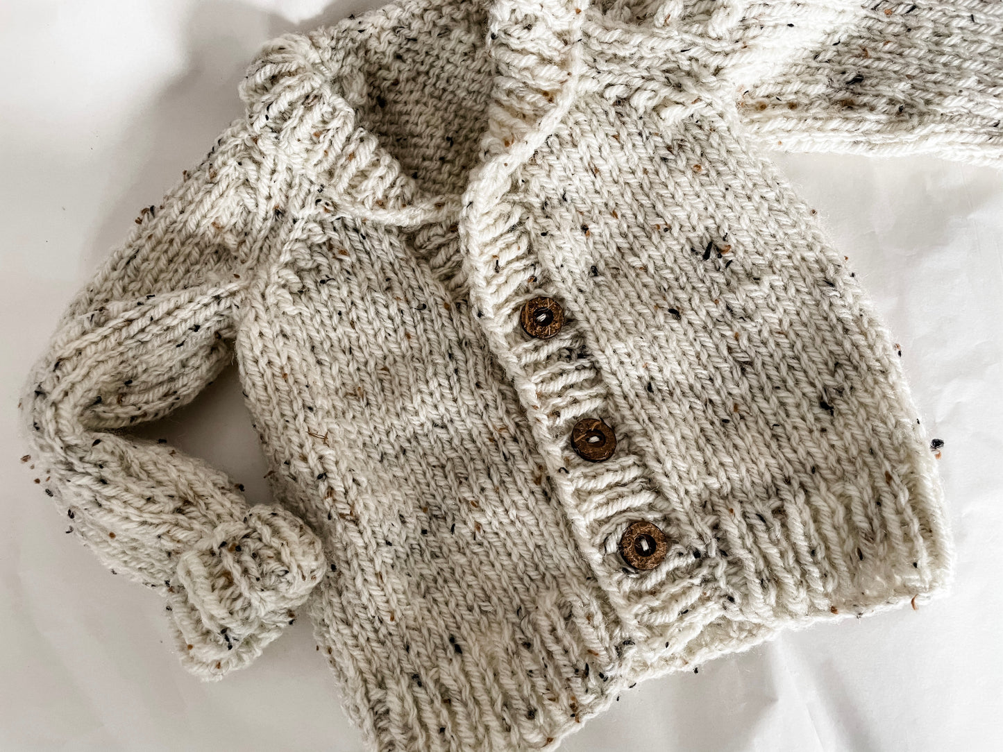HAND KNITTED CARDIGAN- speckled baby knitwear