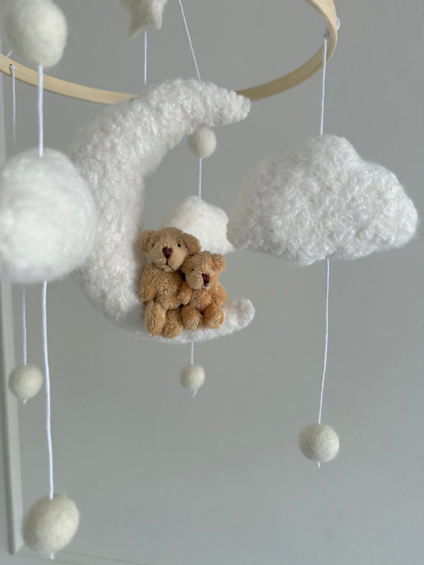 TEDDY LOVE cot mobile. Boucle fabric cloud and moon with a muma and baby teddy.