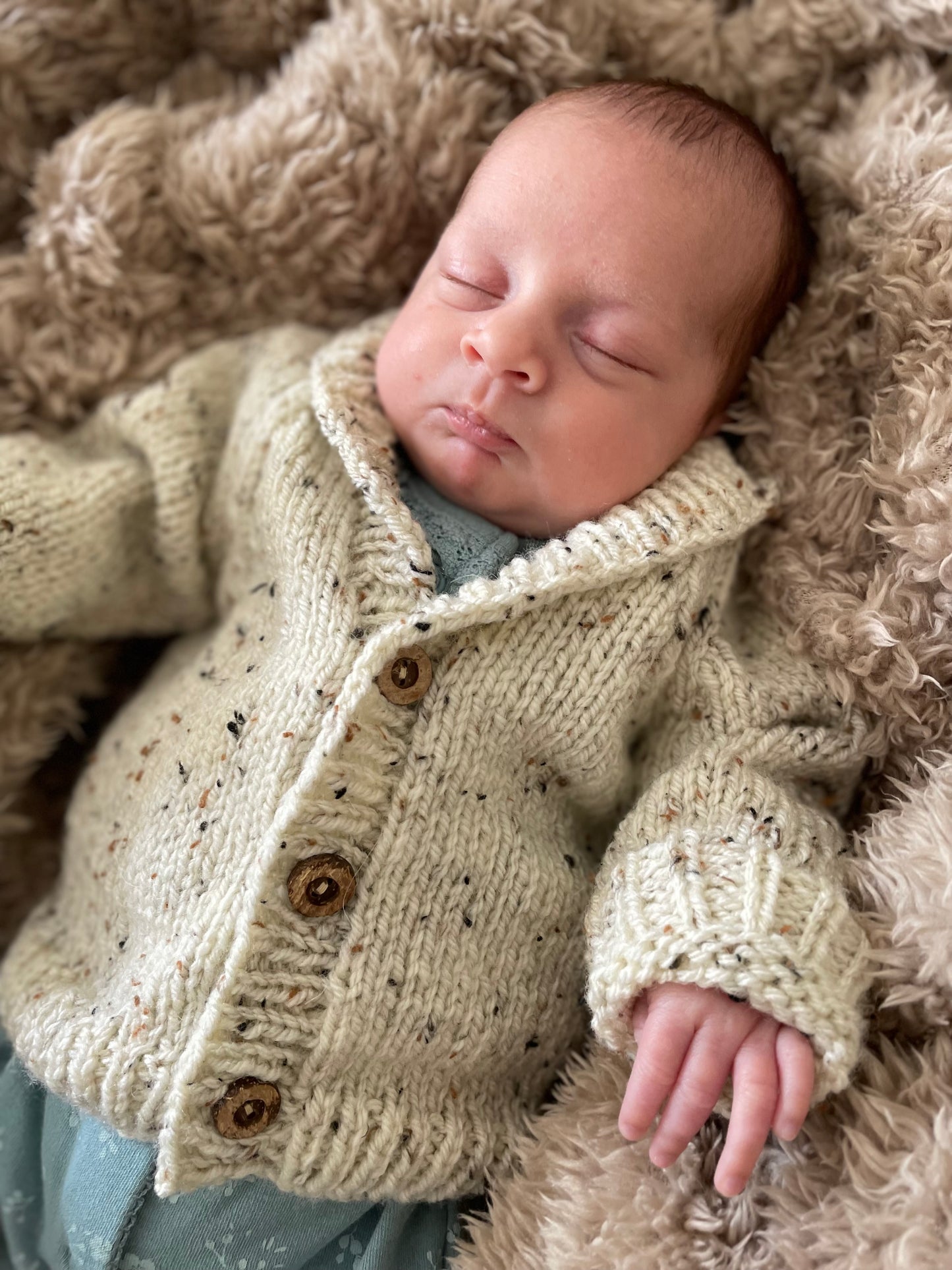 HAND KNITTED CARDIGAN- speckled baby knitwear