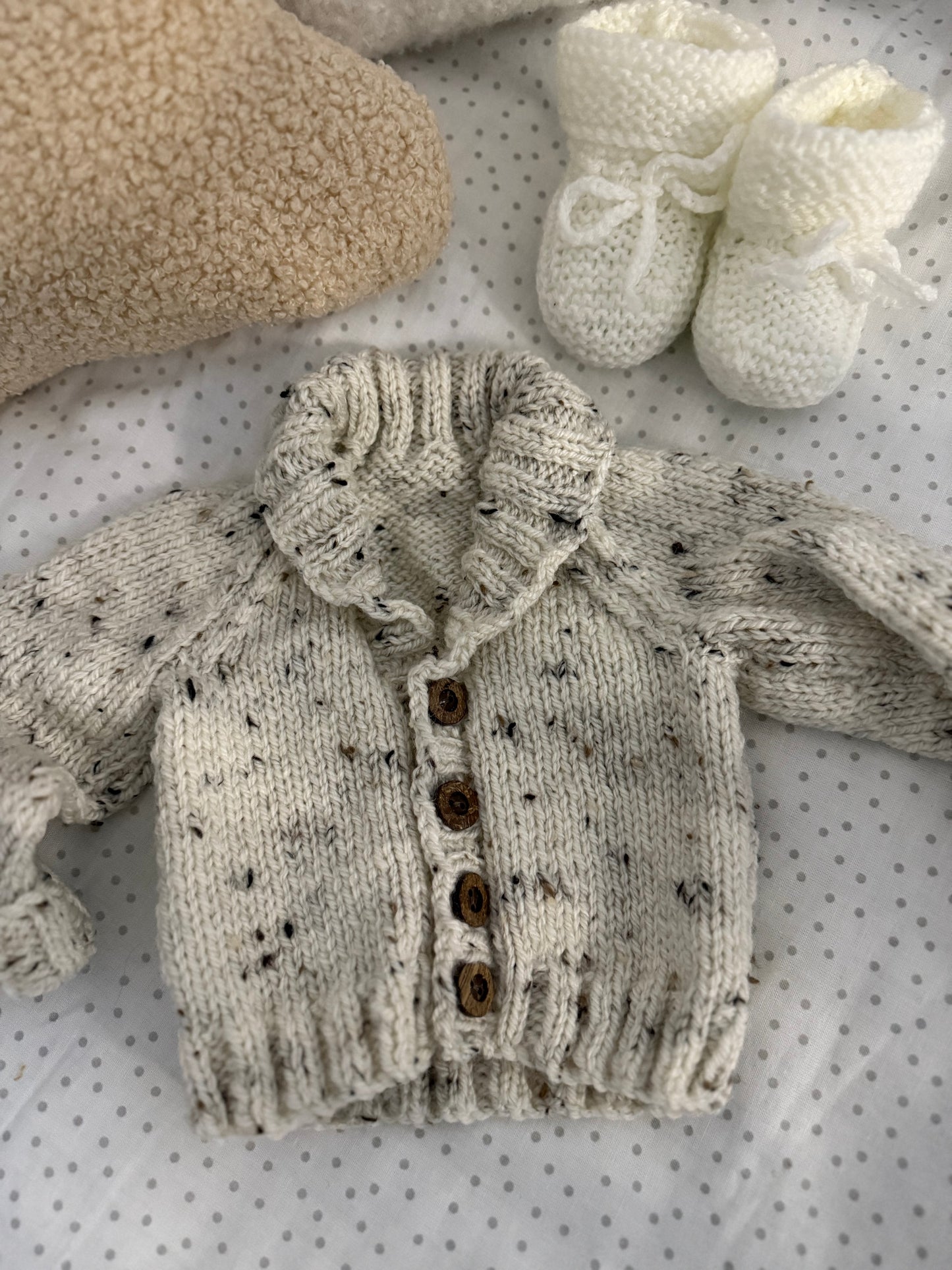HAND KNITTED CARDIGAN- speckled baby knitwear