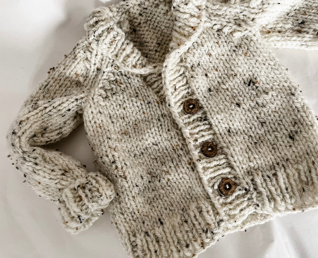 HAND KNITTED CARDIGAN- speckled baby knitwear