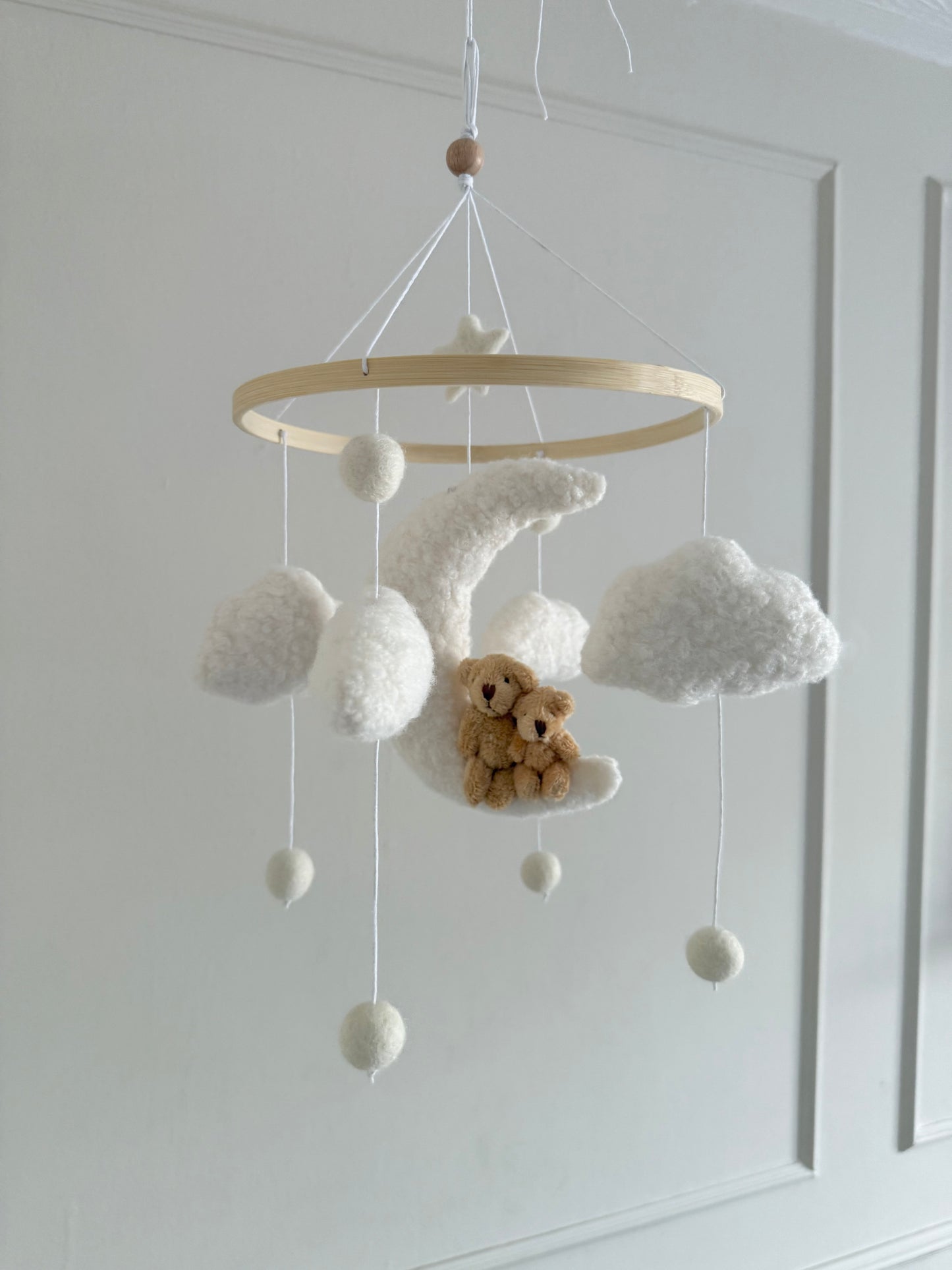TEDDY LOVE cot mobile. Boucle fabric cloud and moon with a muma and baby teddy.